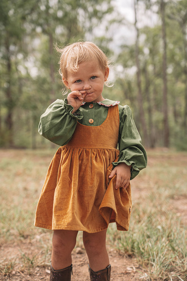 Jemima Pinafore in Gold Velvet